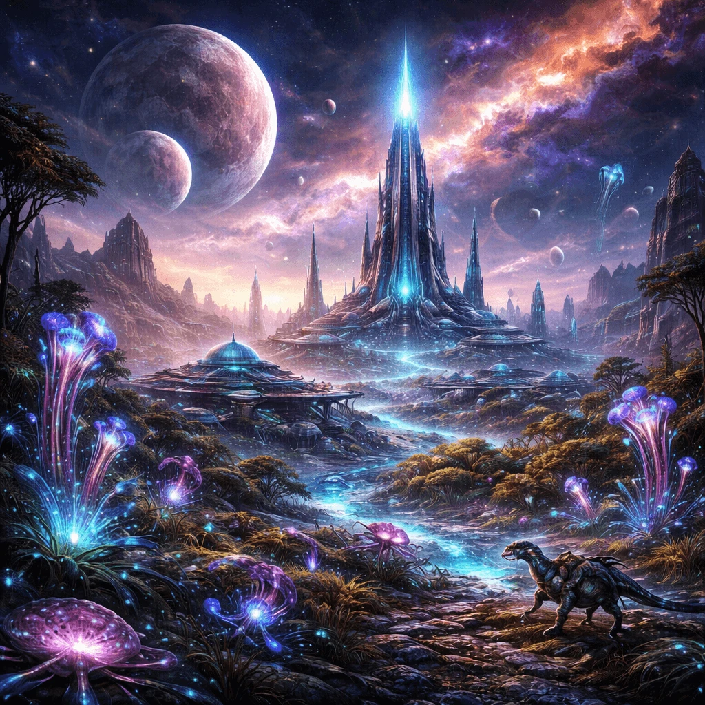 Alien civilization with futuristic structures generated with ChatGPT Images