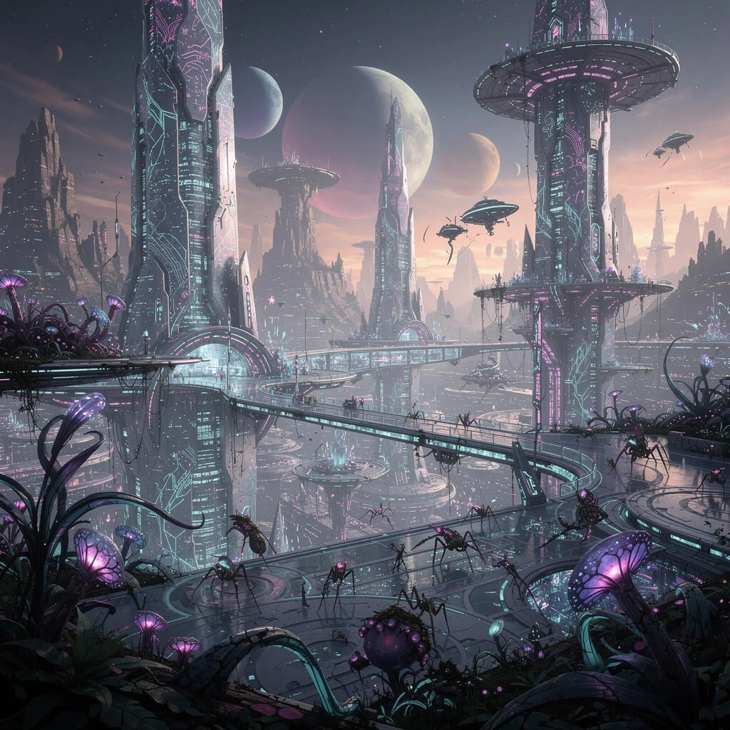 Alien civilization with futuristic structures generated with Flux 2 Pro