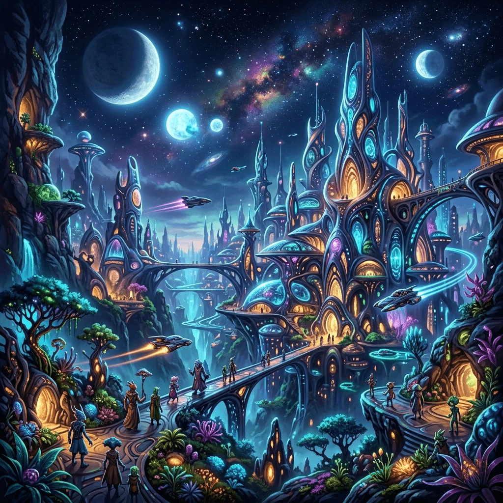 Alien civilization with futuristic structures generated with with Nano Banana