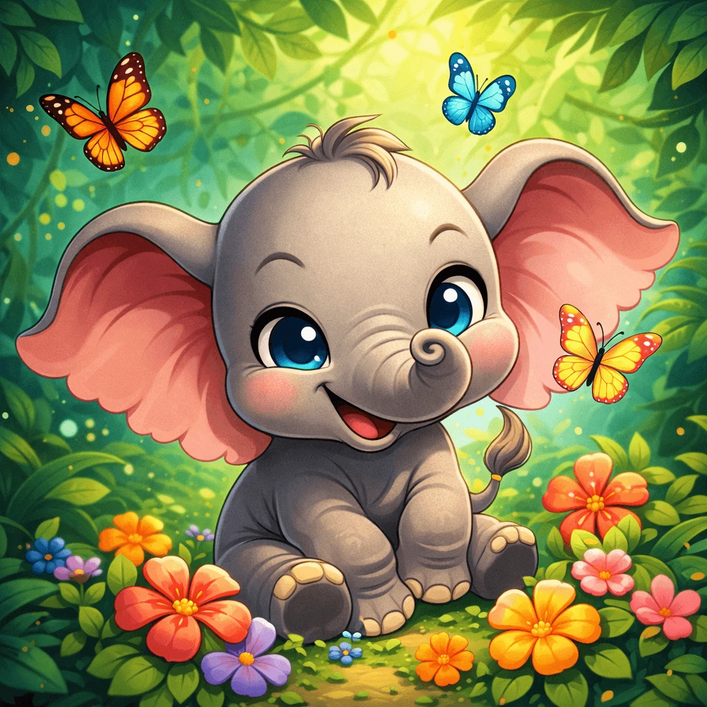 Chibi baby elephant cartoon with butterflies and jungle background generated with ChatGPT Images