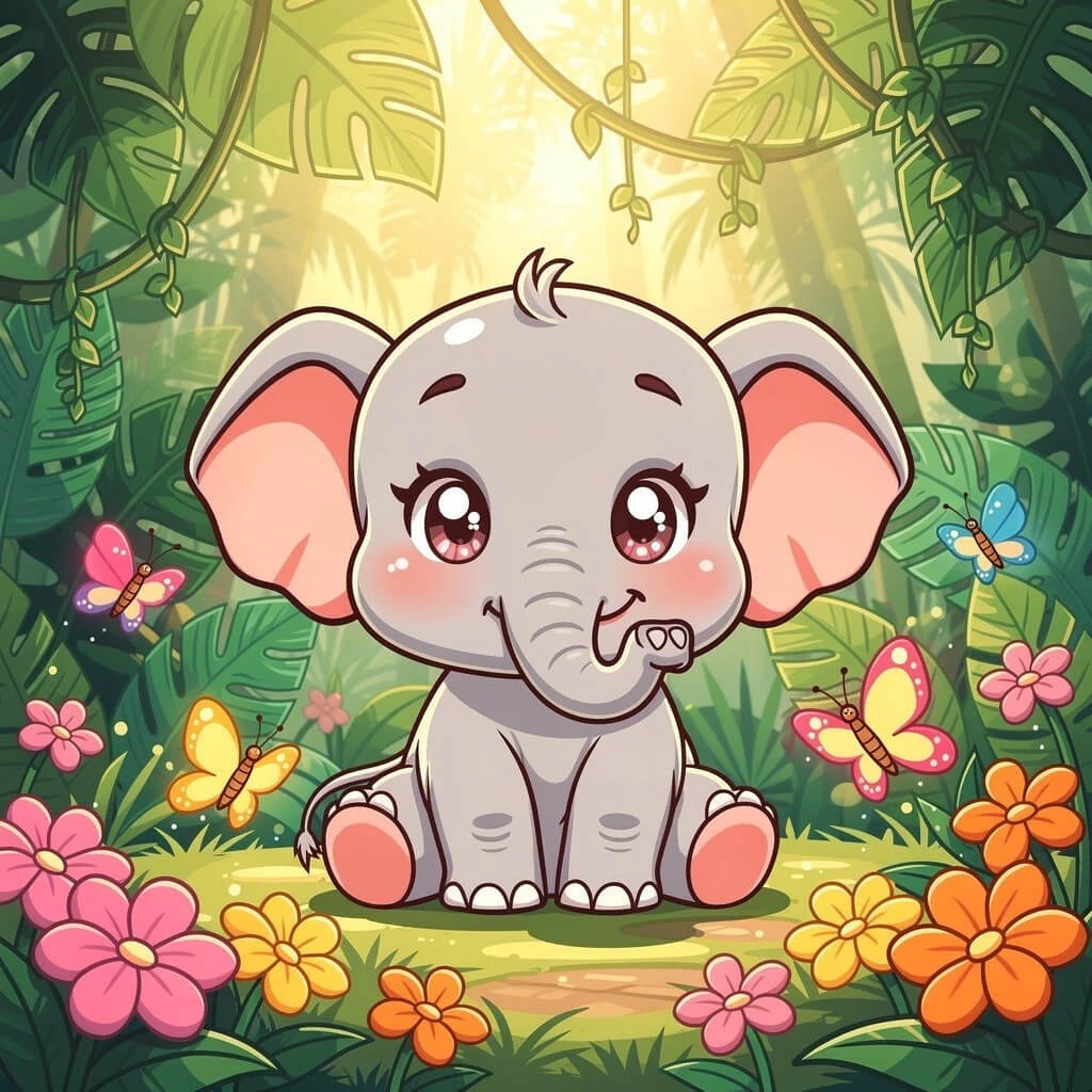 Chibi baby elephant cartoon with butterflies and jungle background generated with Flux 2 Pro