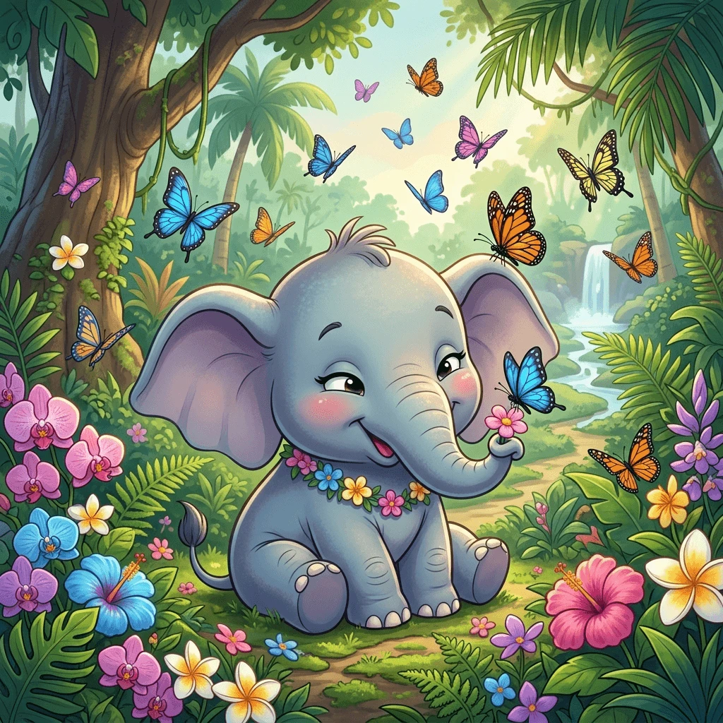 Chibi baby elephant cartoon with butterflies and jungle background generated with Nano Banana
