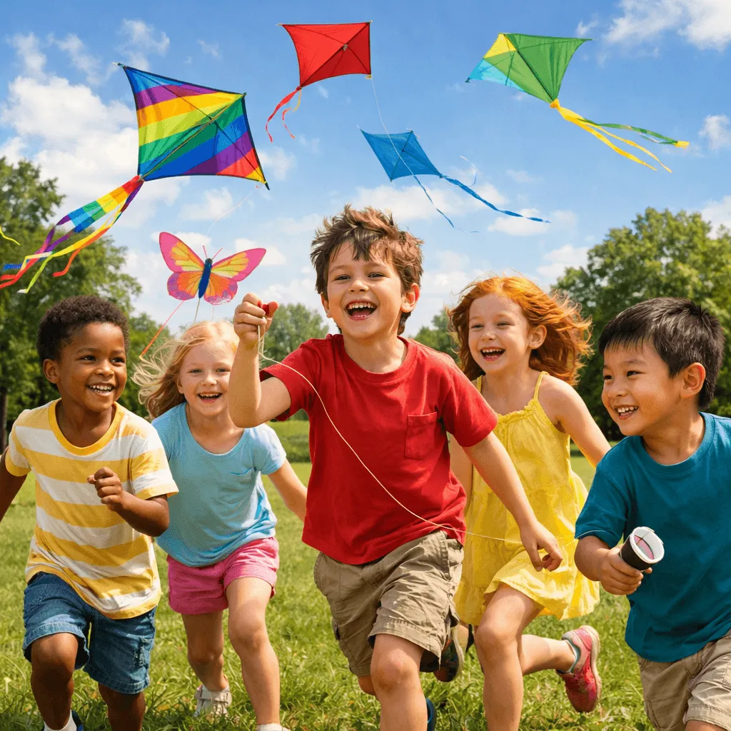Photorealistic photo of children playing with kites in a sunny park generated with ChatGPT Images