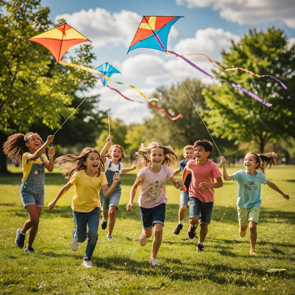 Photorealistic photo of children playing with kites in a sunny park generated with Flux 2 Pro