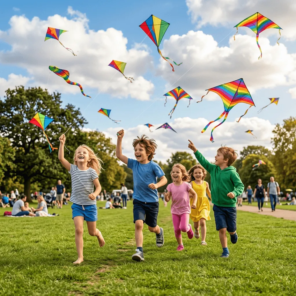 Photorealistic photo of children playing with kites in a sunny park generated with Nano Banana