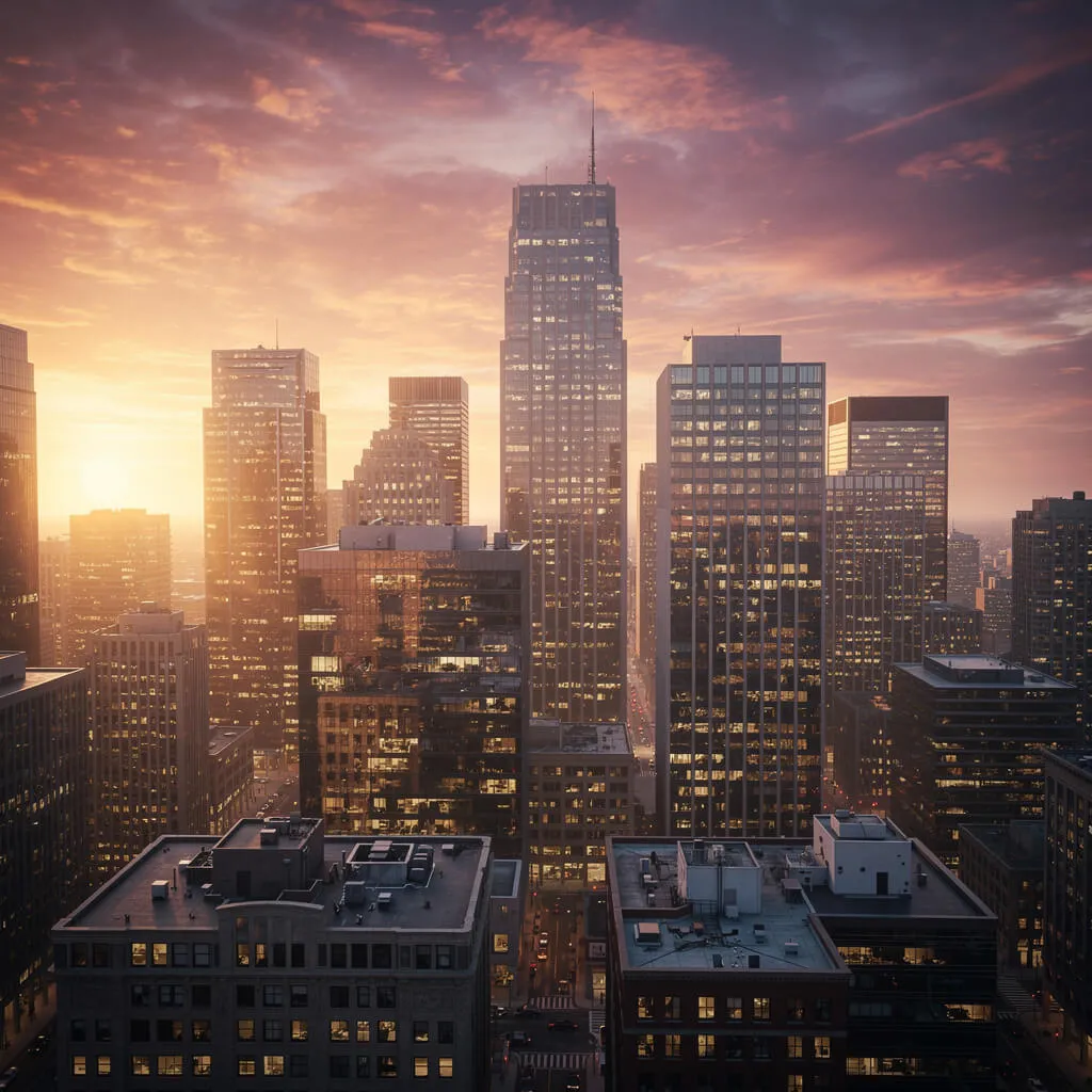 Realistic city skyline at sunset photography generated with Flux 2 Pro