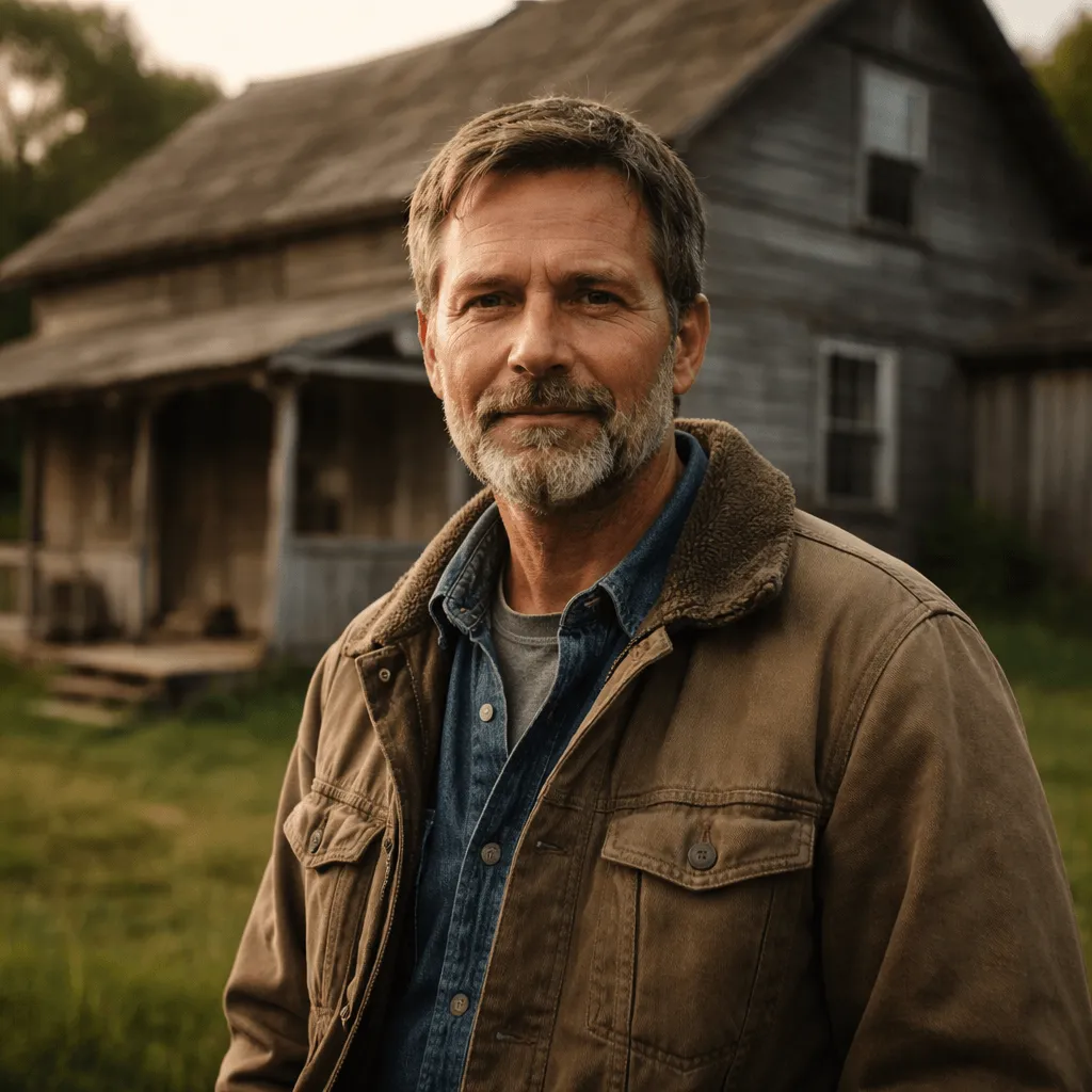 Documentary style portrait of a man in front of a countryside house generated with ChatGPT Images