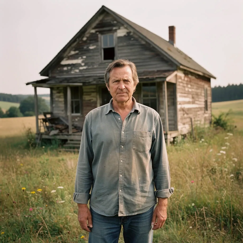 Documentary style portrait of a man in front of a countryside house generated with Flux 2 Pro
