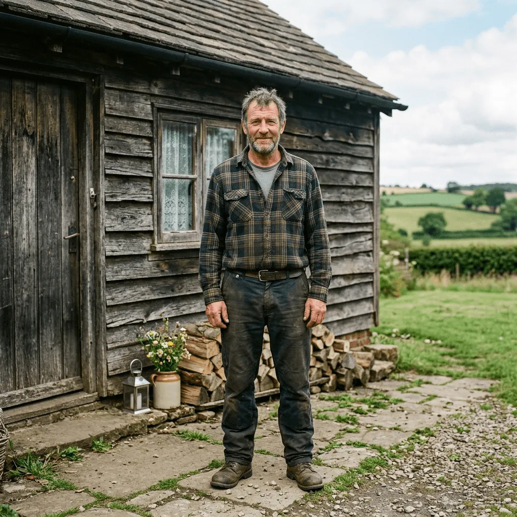 Documentary style portrait of a man in front of a countryside house generated with Nano Banana