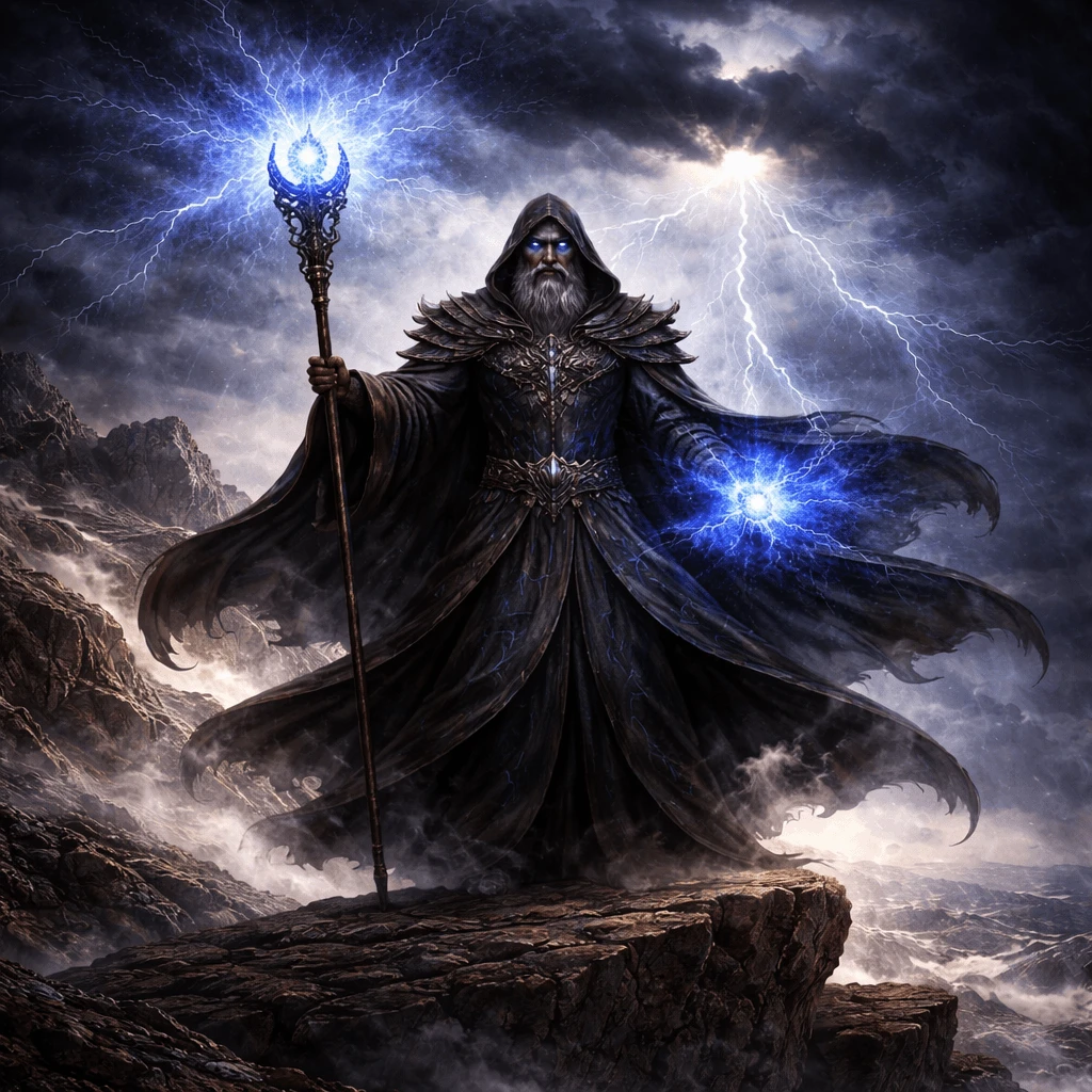 Dark fantasy wizard with glowing magic staff generated with ChatGPT Images