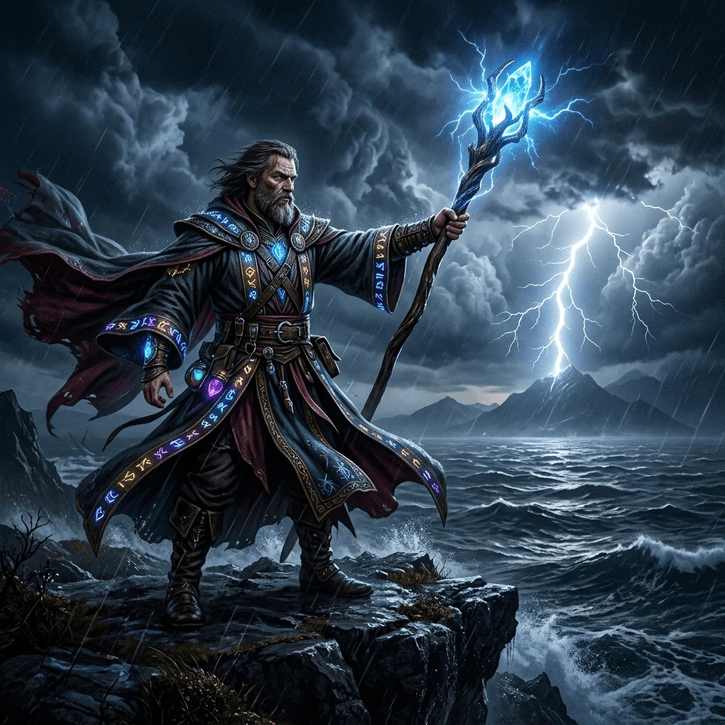 Dark fantasy wizard with glowing magic staff generated with Nano Banana