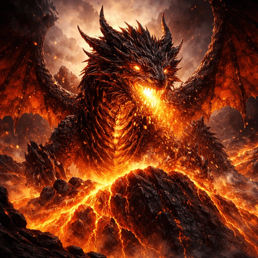 Ancient dragon emerging from volcano with lava generated with ChatGPT Images