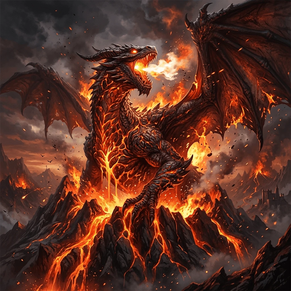 Ancient dragon emerging from volcano with lava generated with Nano Banana