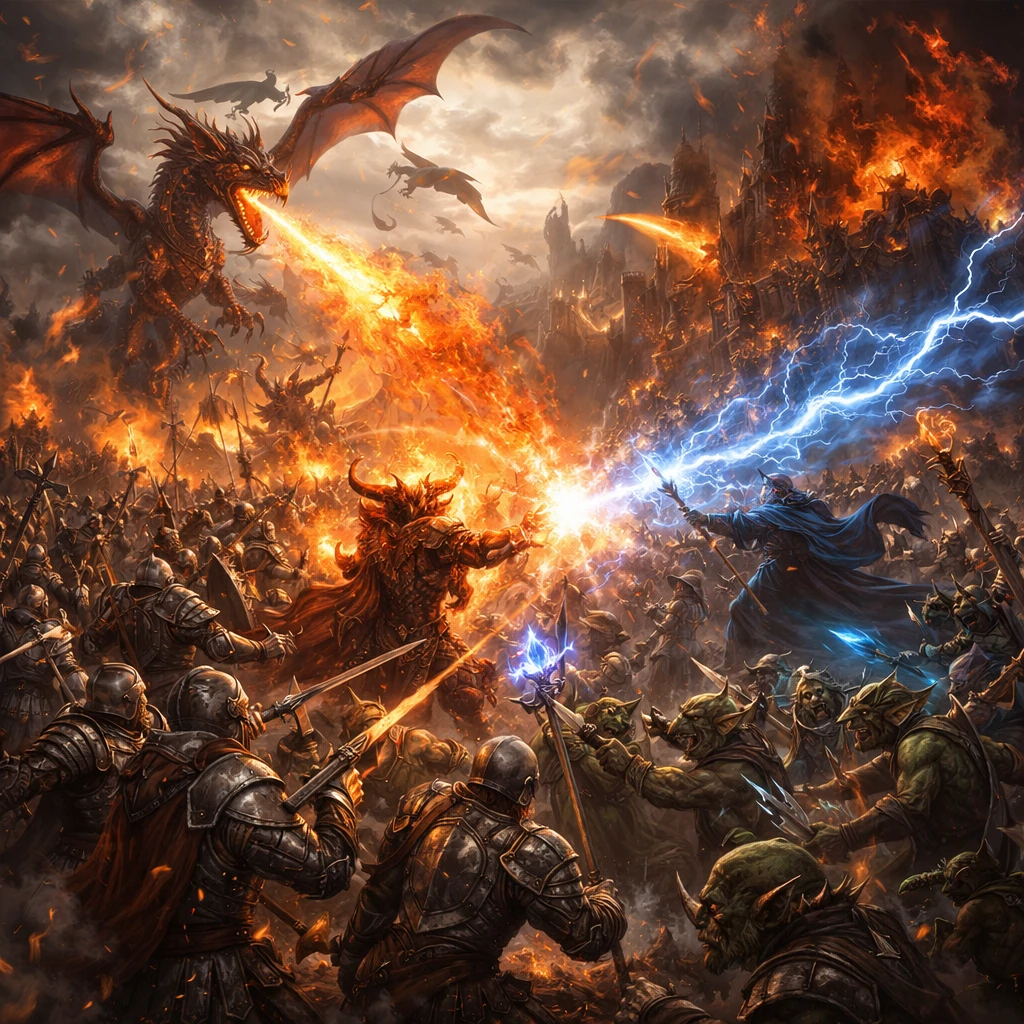Fantasy battle with knights dragons and magic generated with ChatGPT Images