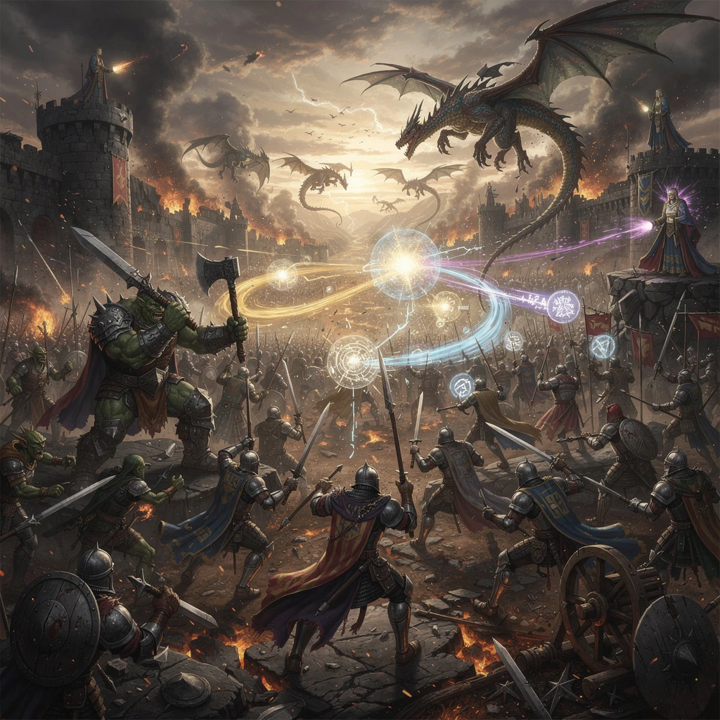 Fantasy battle with knights dragons and magic generated with Flux 2 Pro