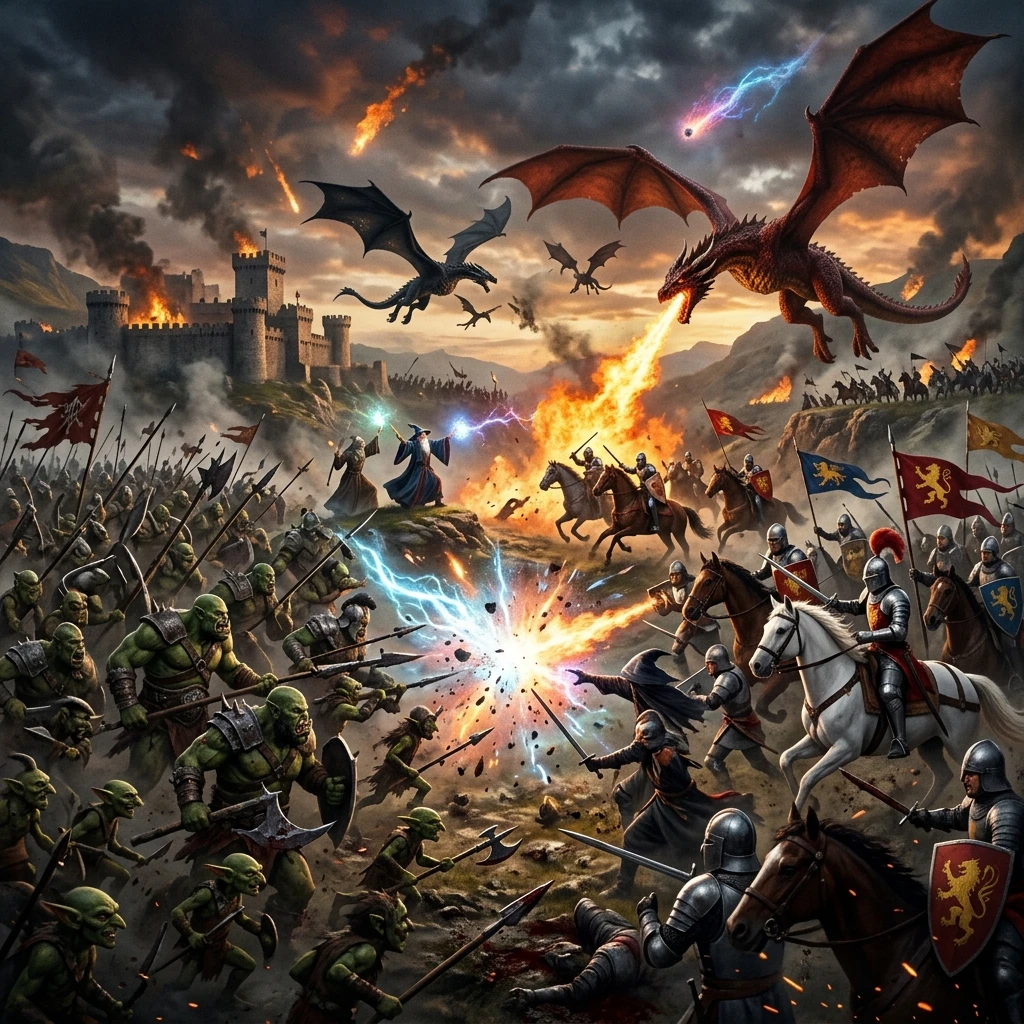 Fantasy battle with knights dragons and magic generated with Nano Banana