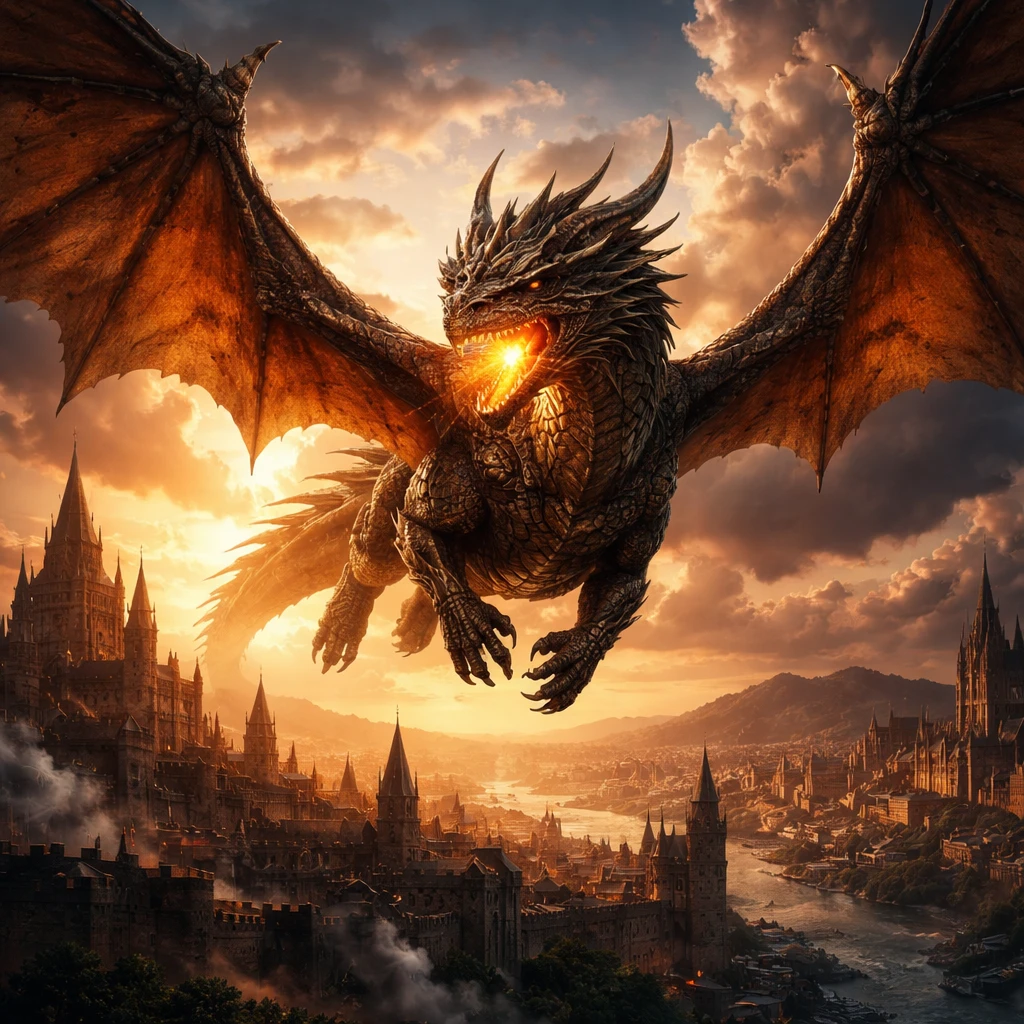 Fantasy dragon flying over city illustration generated with ChatGPT Images