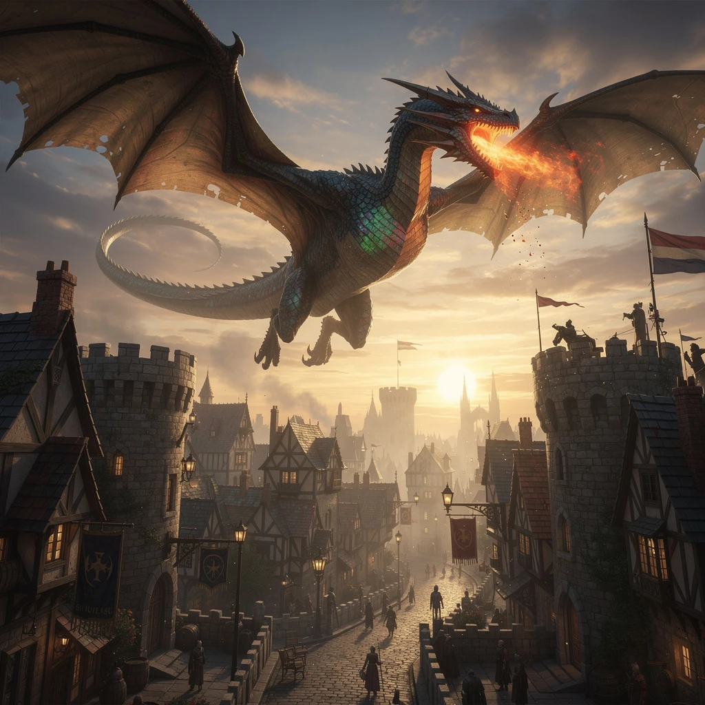 Fantasy dragon flying over city illustration generated with Flux 2 Pro