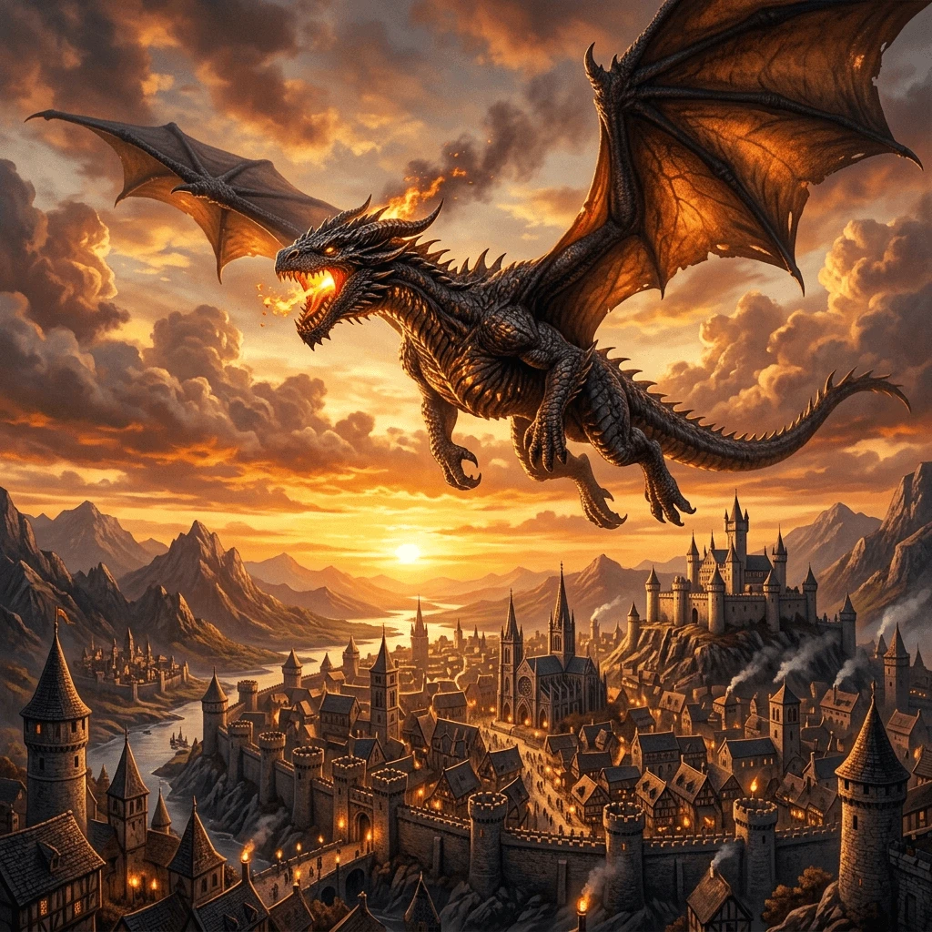 Fantasy dragon flying over city illustration generated with Nano Banana