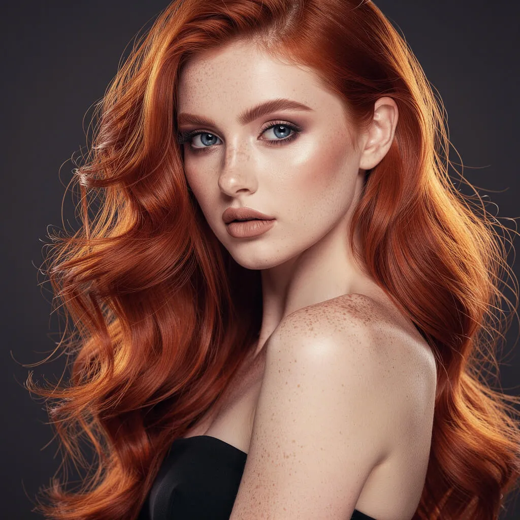High fashion portrait of a red haired woman with studio lighting generated with Flux 2 Pro