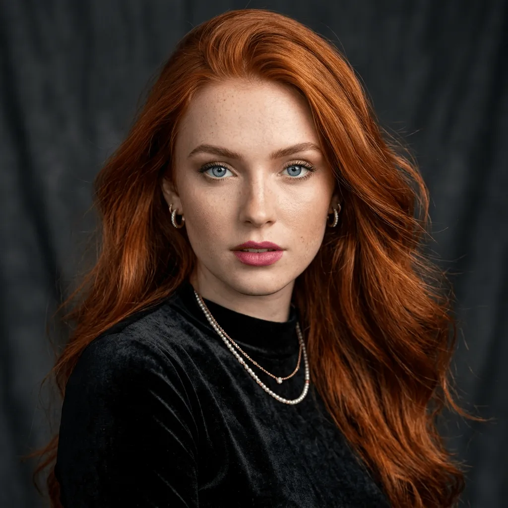 High fashion portrait of a red haired woman with studio lighting generated with Nano Banana