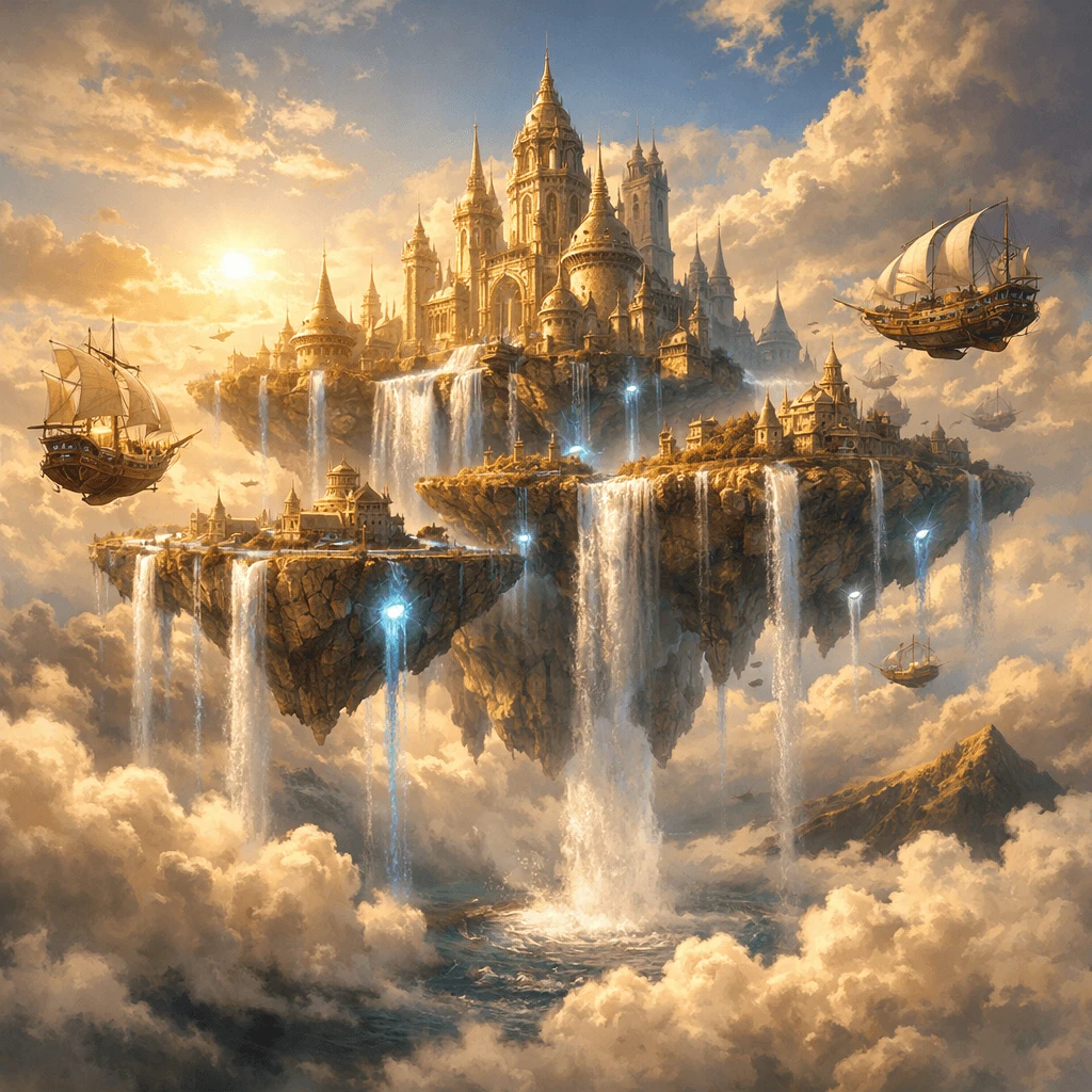 Floating fantasy city in the sky with waterfalls generated with ChatGPT Images