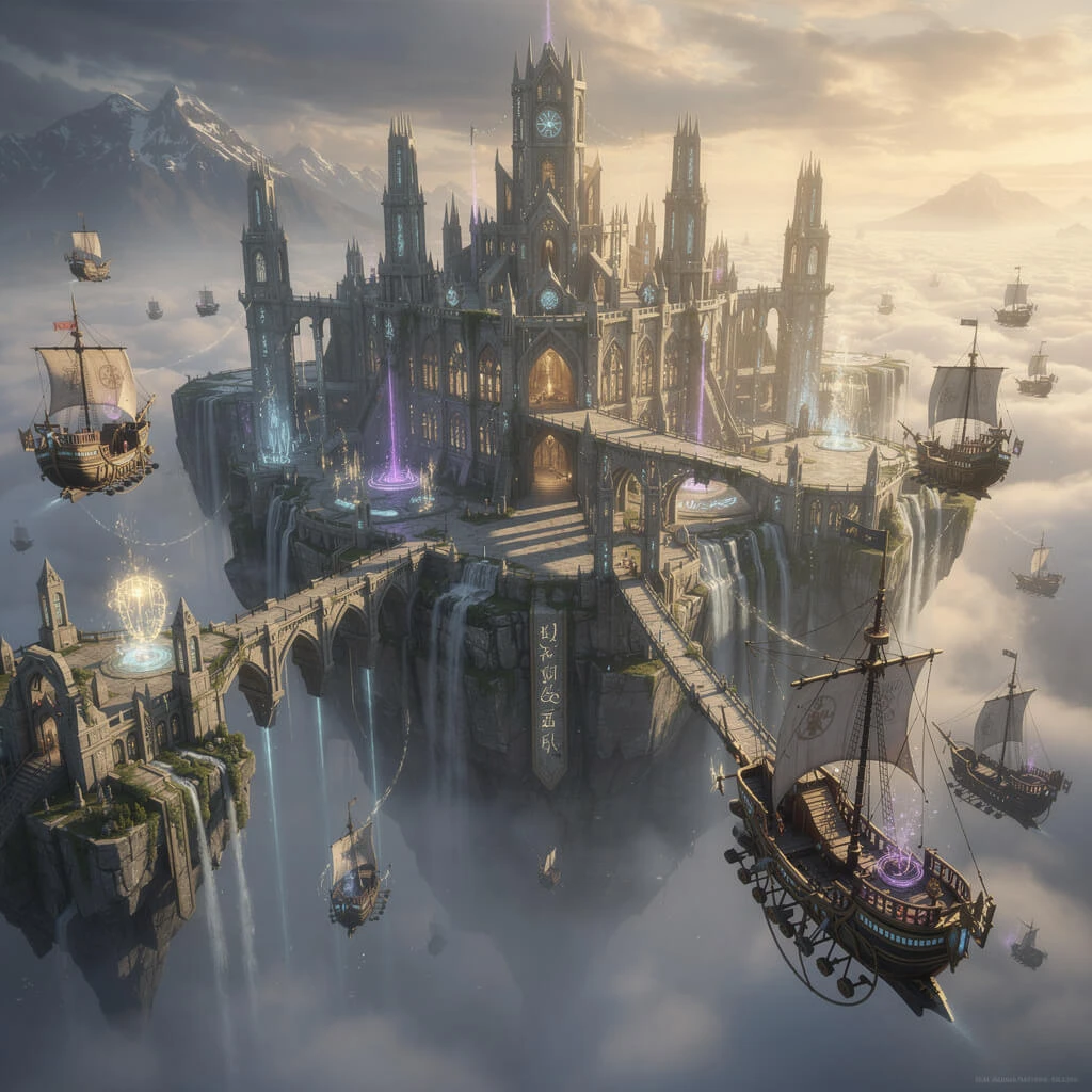 Floating fantasy city in the sky with waterfalls generated with Flux 2 Pro