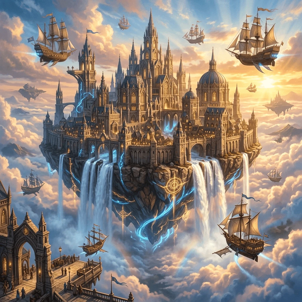 Floating fantasy city in the sky with waterfalls generated with Nano Banana