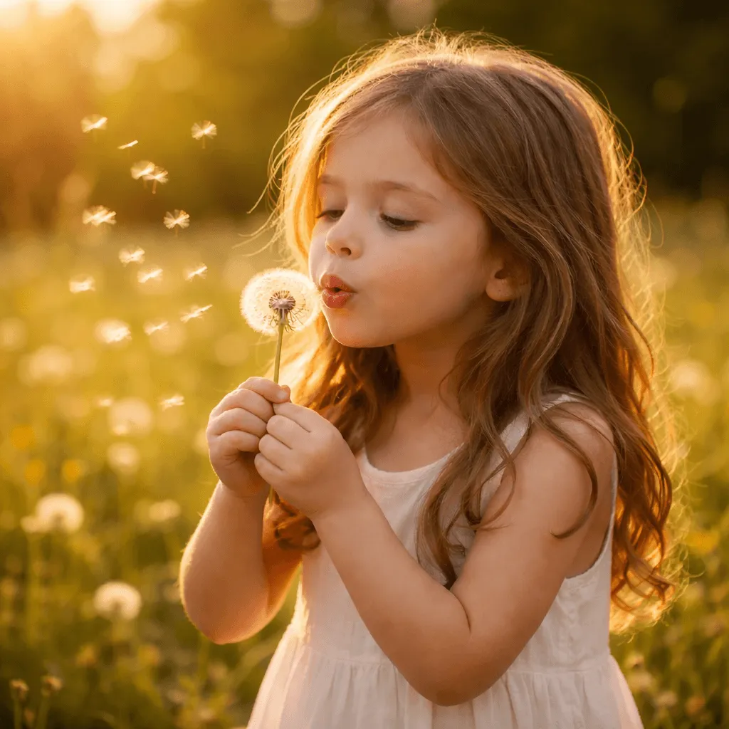 Photorealistic image of a girl blowing dandelion seeds in a sunlit field generated with ChatGPT Images