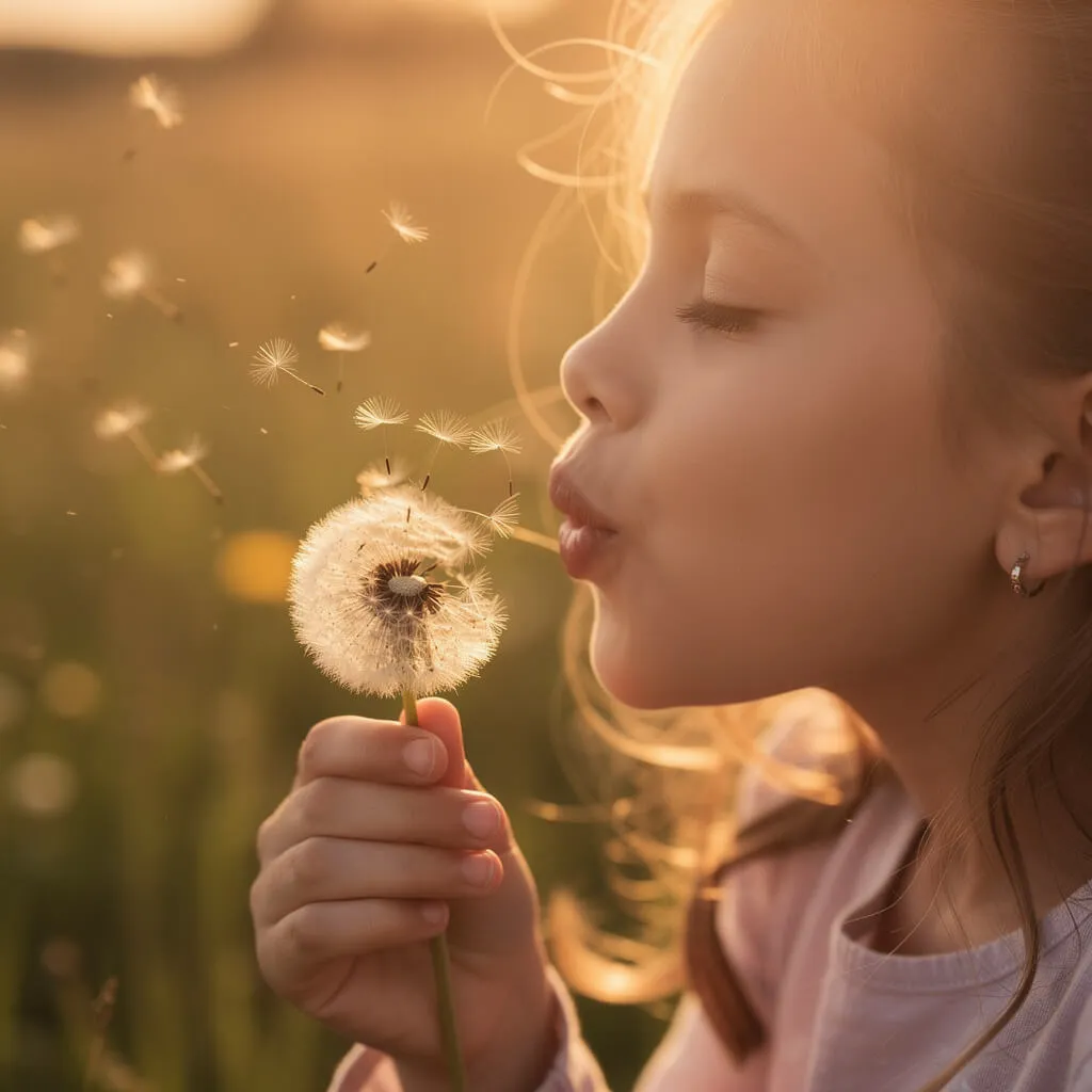 Photorealistic image of a girl blowing dandelion seeds in a sunlit field generated with Flux 2 Pro