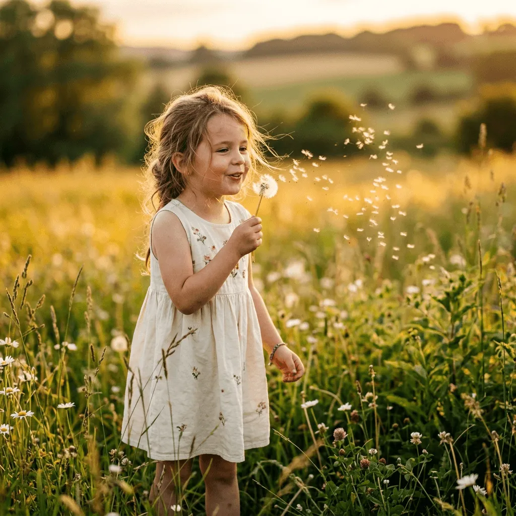 Photorealistic image of a girl blowing dandelion seeds in a sunlit field generated with Nano Banana