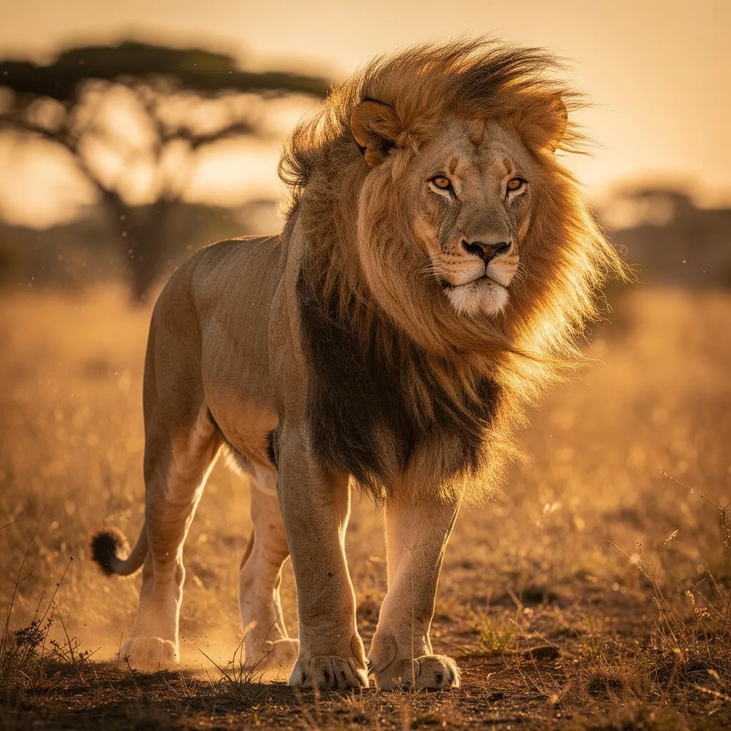 Wildlife photography of a lion standing in the savannah generated with Flux 2 Pro