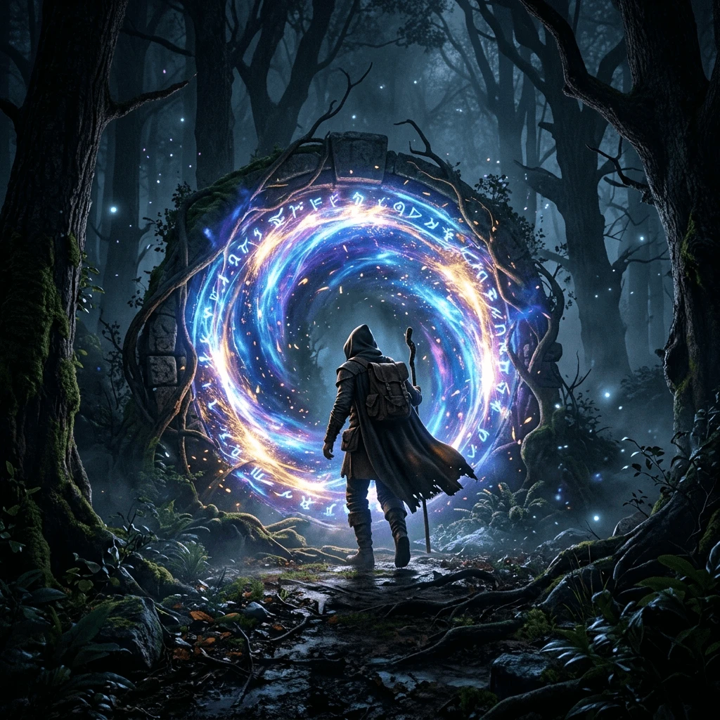 Magical portal in dark forest with glowing energy generated with Nano Banana