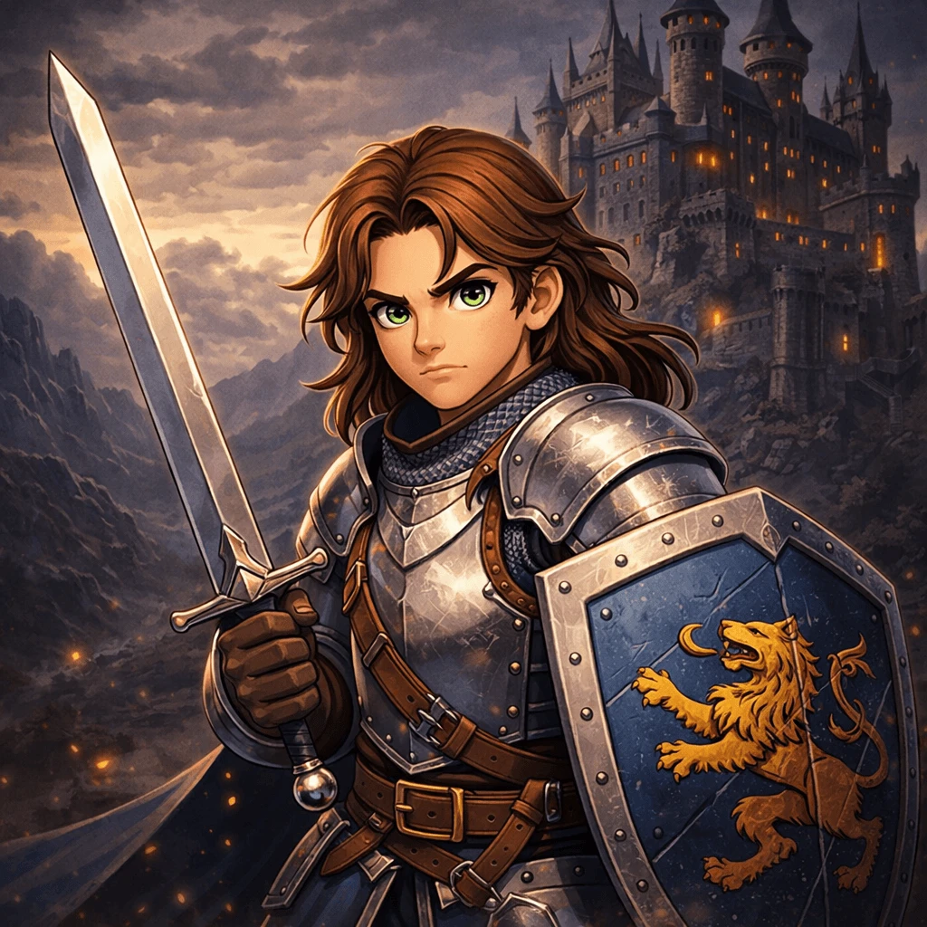 Medieval knight cartoon character with sword and castle background generated with ChatGPT Images