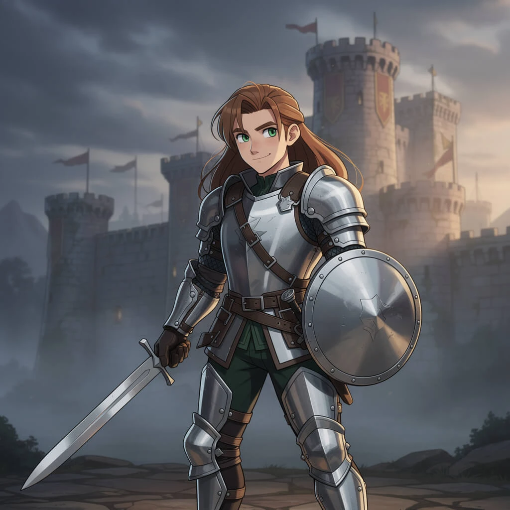 Medieval knight cartoon character with sword and castle background generated with Flux 2 Pro