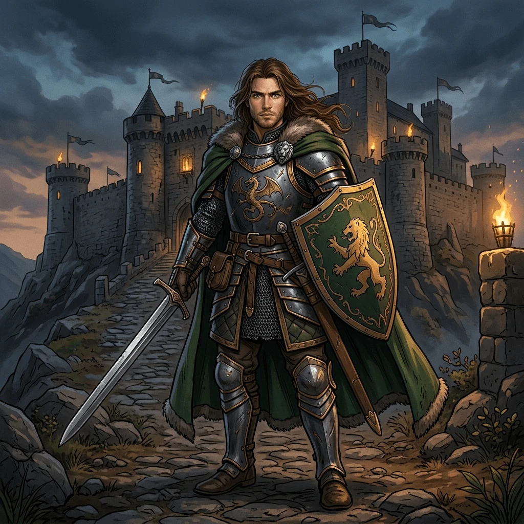 Medieval knight cartoon character with sword and castle background generated with Nano Banana