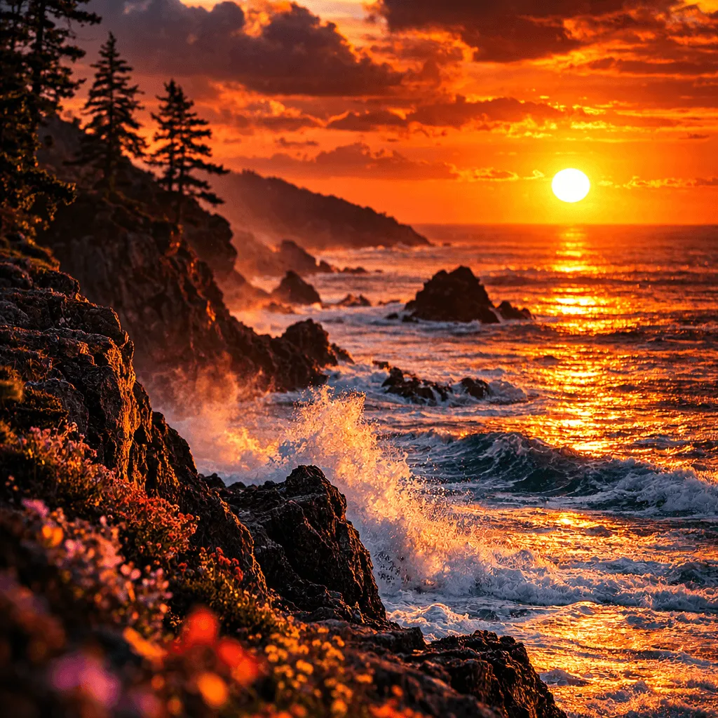 Dramatic rocky coastline at sunset with crashing waves and golden hour light generated with ChatGPT Images