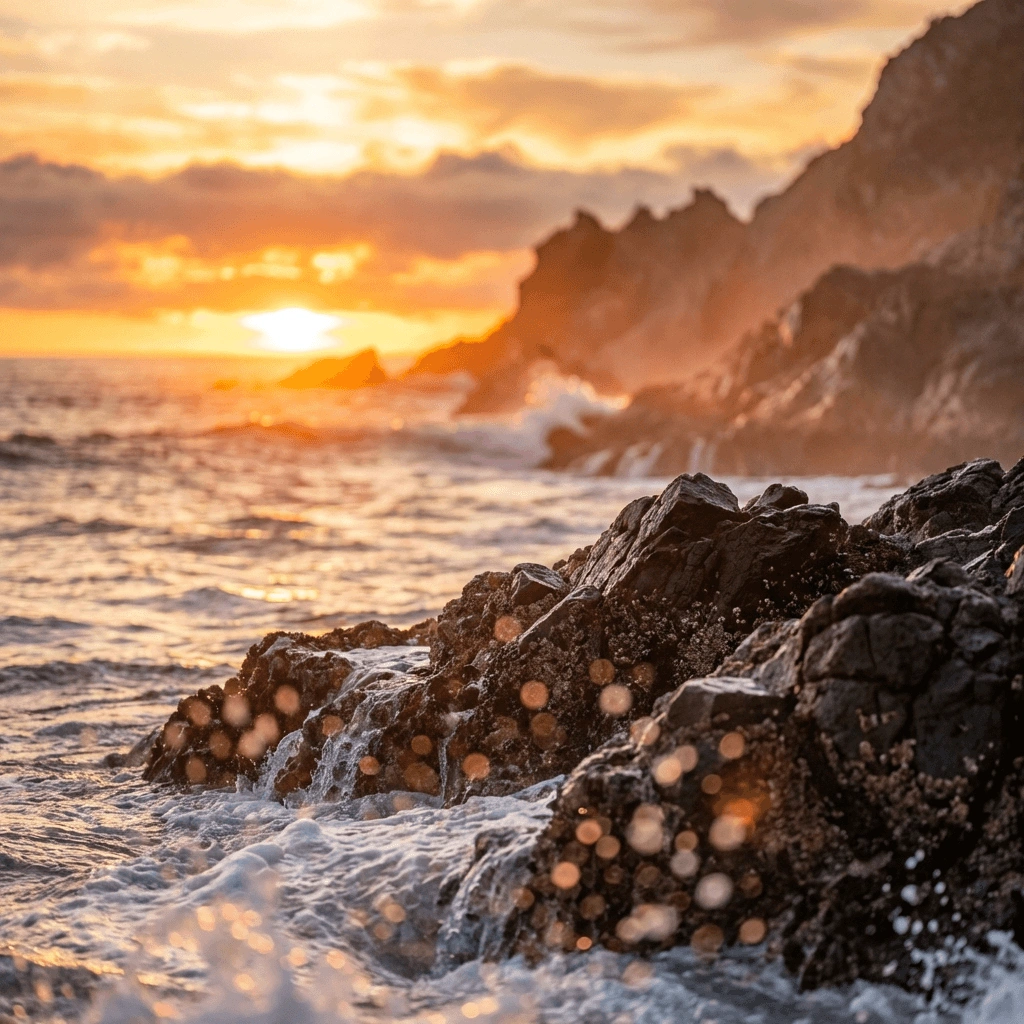 Dramatic rocky coastline at sunset with crashing waves and golden hour light generated with Nano Banana