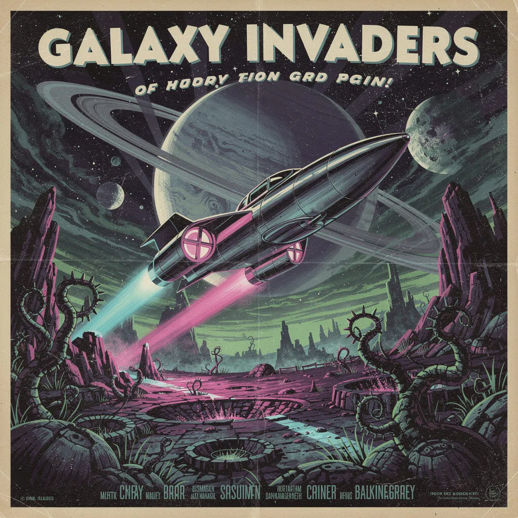 Retro sci fi poster illustration generated with Flux 2 Pro