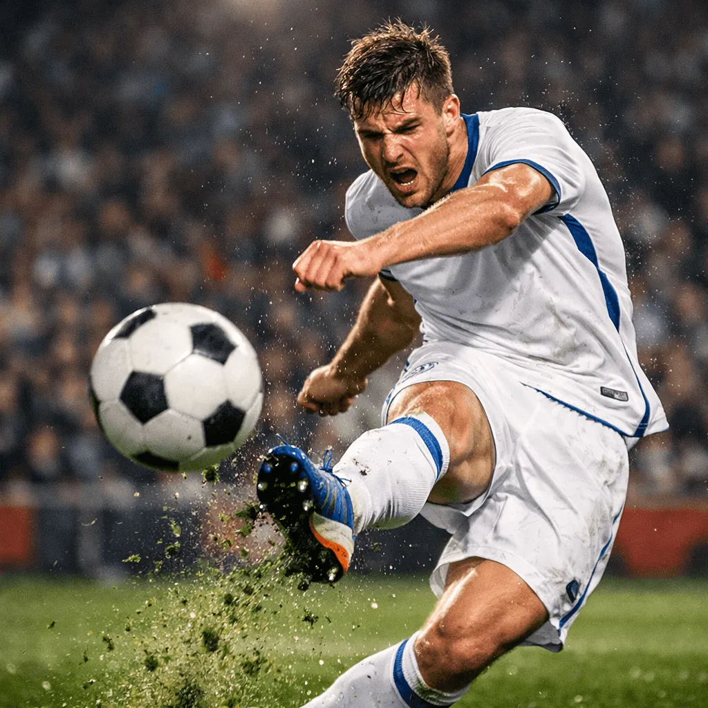 High speed sports photography of a soccer player kicking a ball in a stadium with dramatic lighting and motion freeze generated with ChatGPT Images