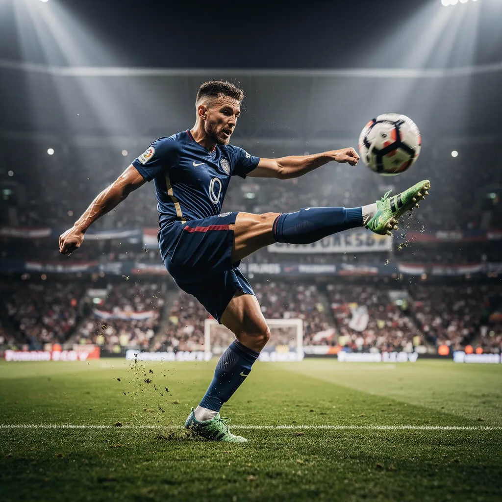 High speed sports photography of a soccer player kicking a ball in a stadium with dramatic lighting and motion freeze generated with Flux 2 Pro