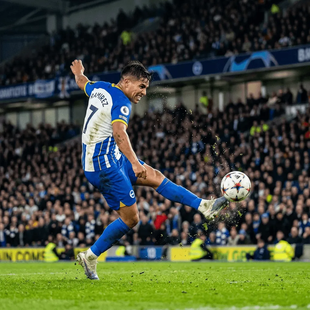 High speed sports photography of a soccer player kicking a ball in a stadium with dramatic lighting and motion freeze generated with Nano Banana