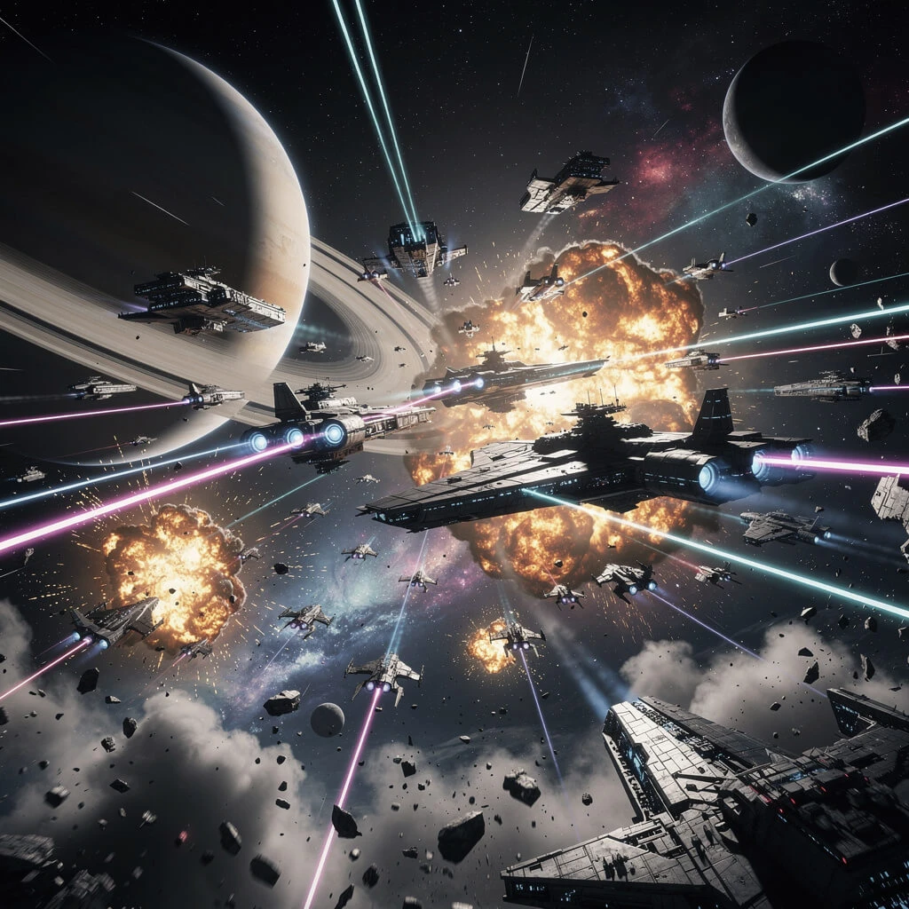 Interstellar space battle with spaceships and lasers generated with Flux 2 Pro