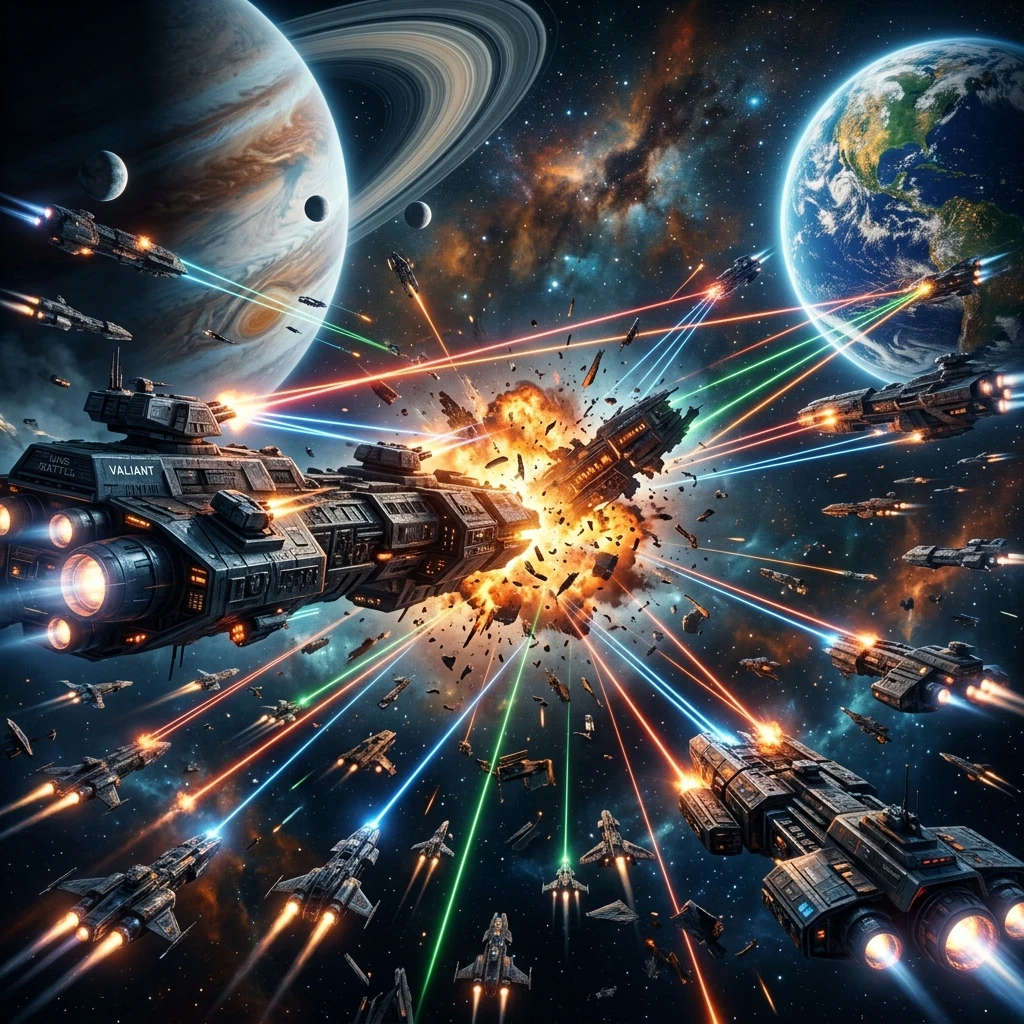 Interstellar space battle with spaceships and lasers generated with Nano Banana