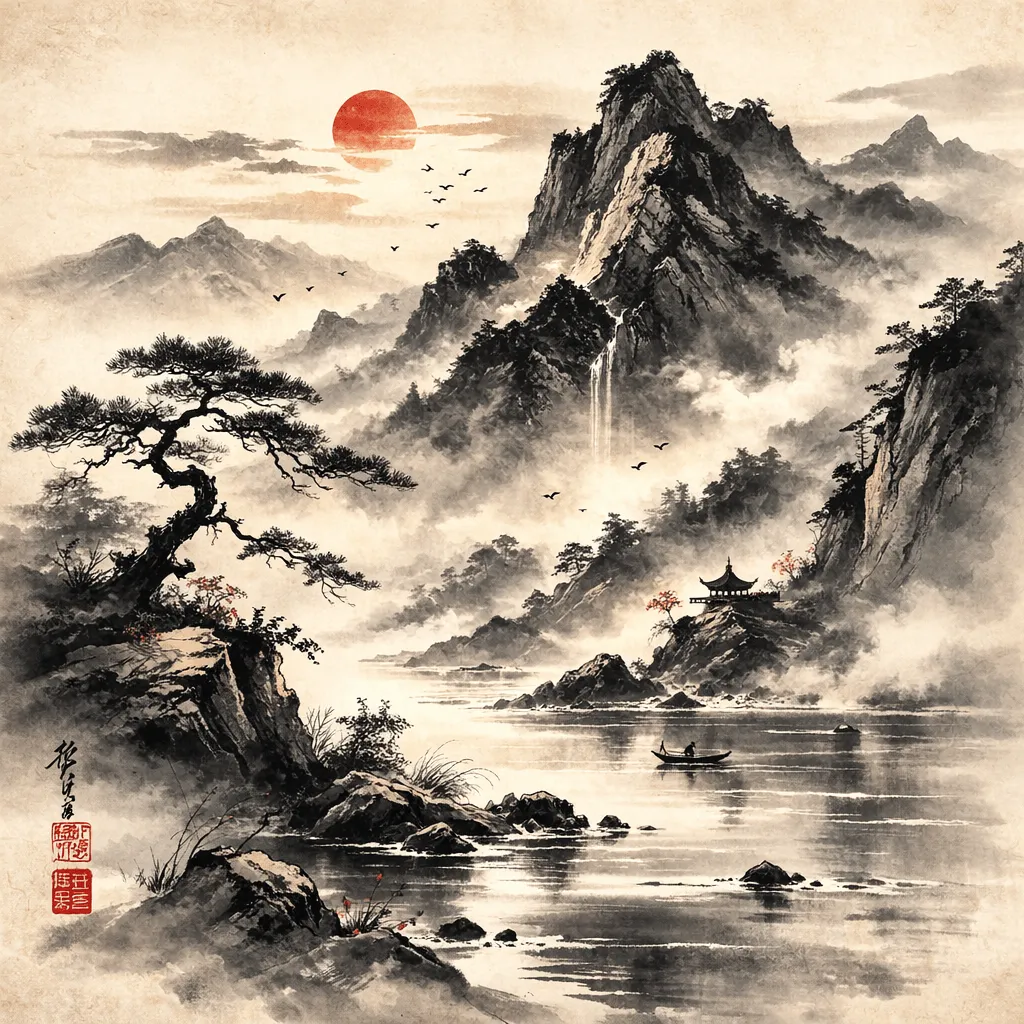 Sumi e mountain painting generated with ChatGPT Images