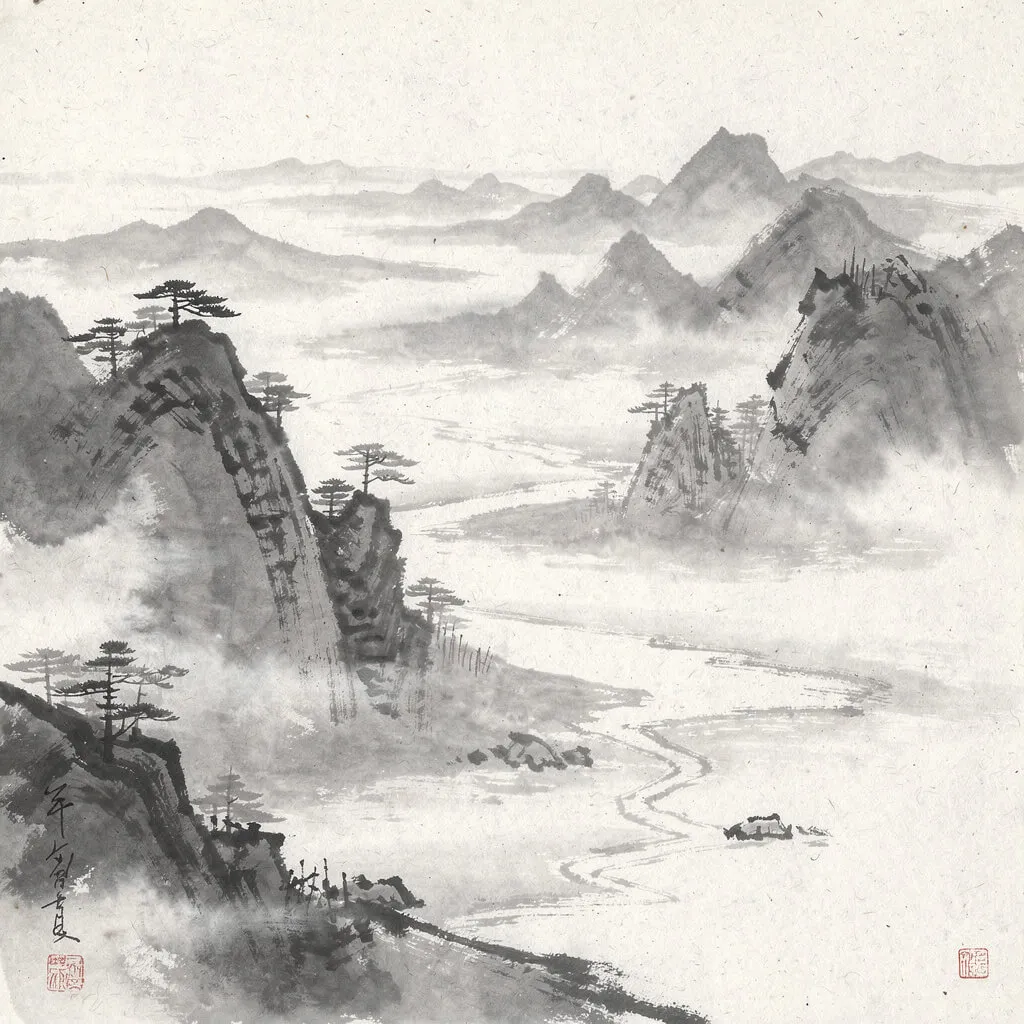 Sumi e mountain painting generated with Flux 2 Pro