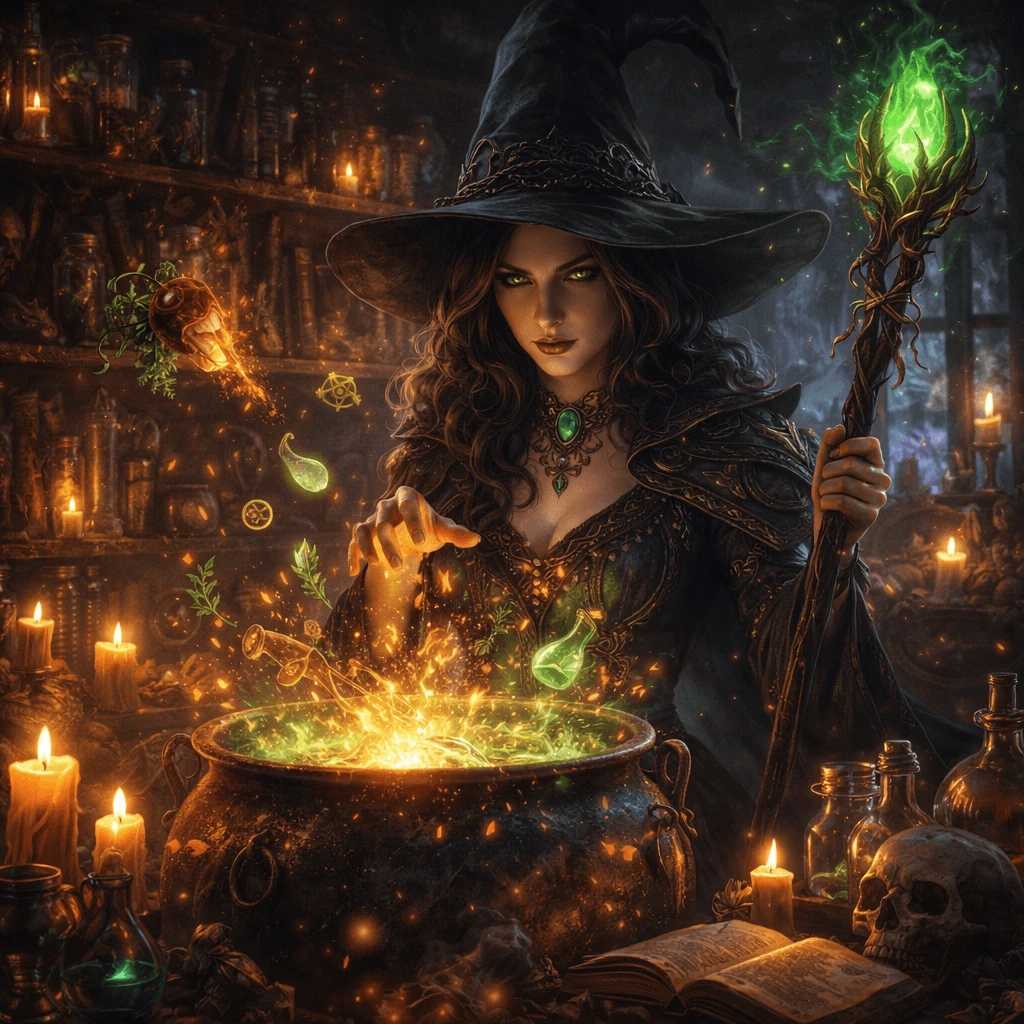 Witch brewing glowing potion in dark cabin generated with ChatGPT Images