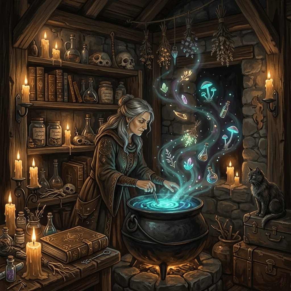 Witch brewing glowing potion in dark cabin generated with Nano Banana
