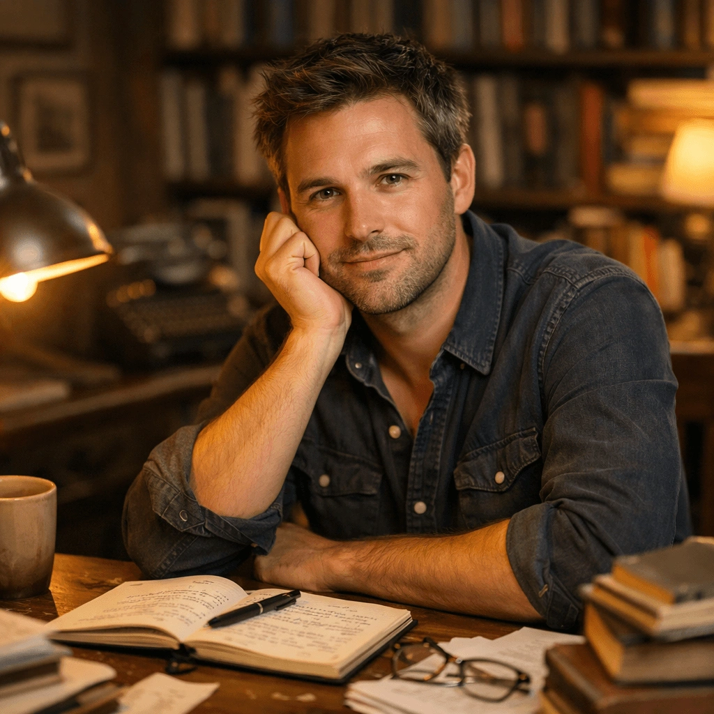 Portrait of a writer sitting at a desk surrounded by books generated with ChatGPT Images