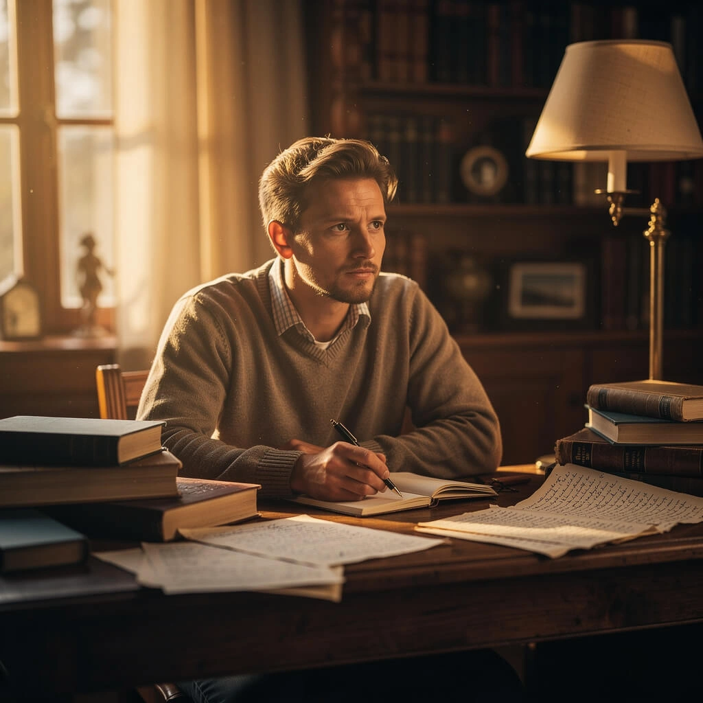 Portrait of a writer sitting at a desk surrounded by books generated with Flux 2 Pro